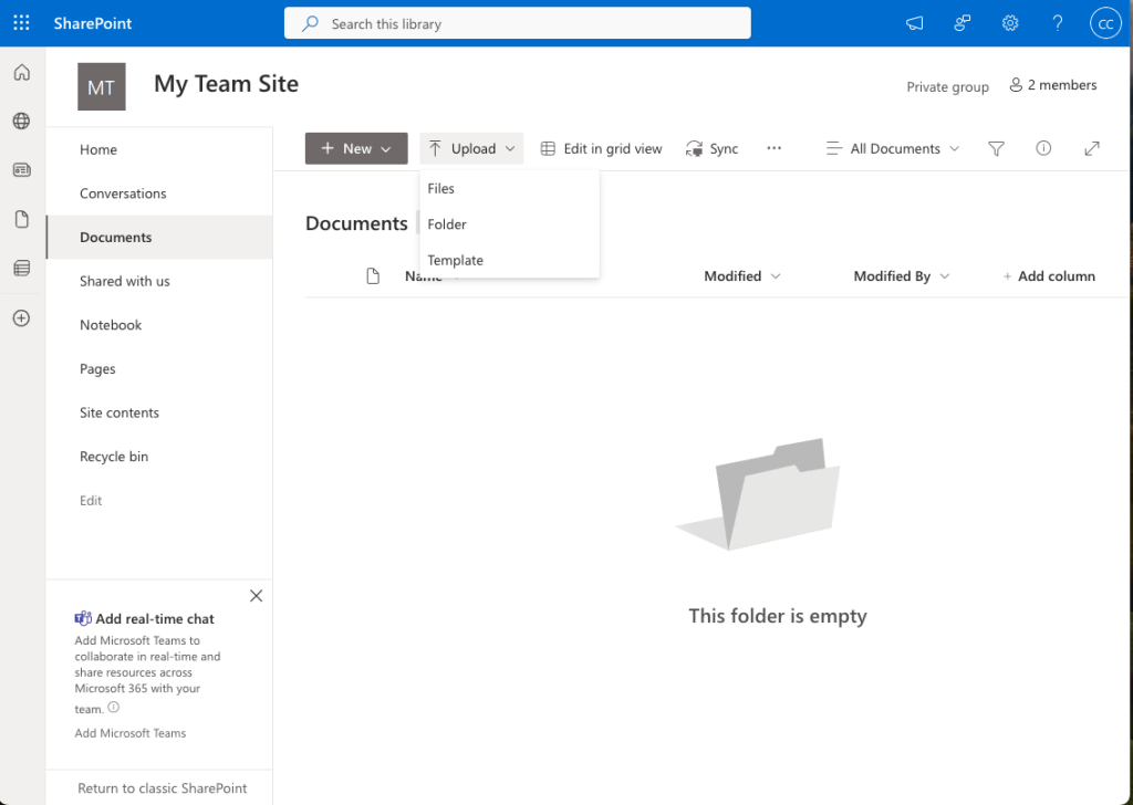 Create a new SharePoint Site